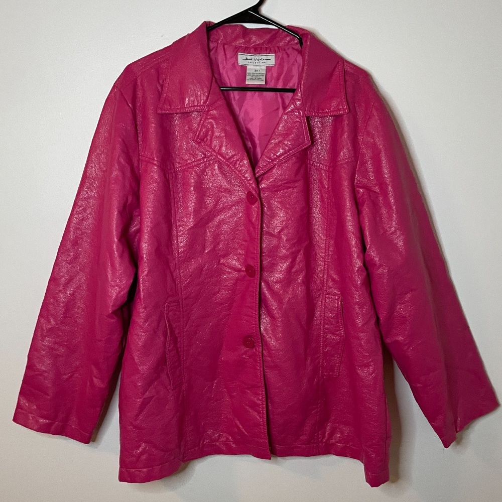 Hot pink crinkled vegan leather pointed collar button down pockets trench coat!